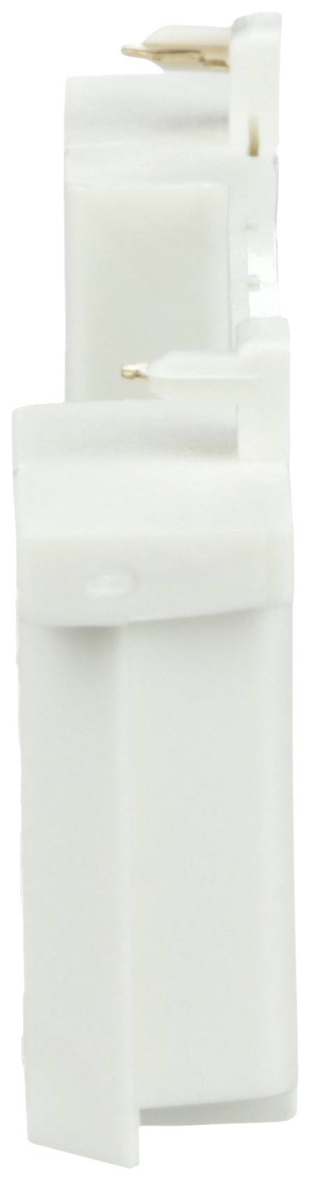 Un involucro rettangolare bianco in plastica con un piccolo elemento metallico sporgente in alto.