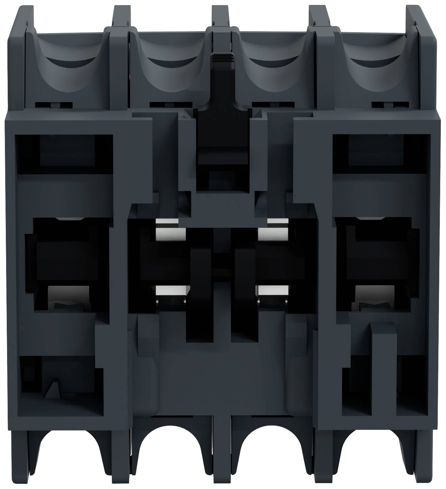 Un componente elettrico nero, quadrato, con diverse aperture visibili e lamelle verticali.