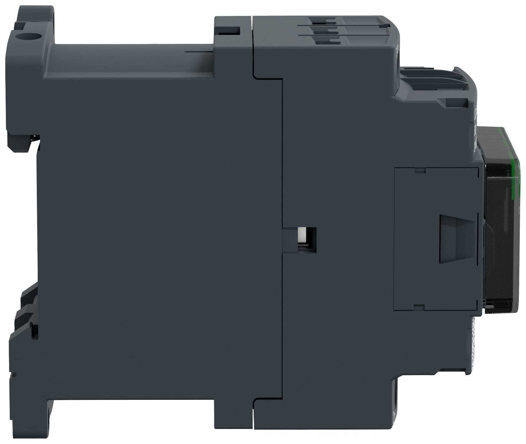 Un componente elettrico nero in vista laterale, progettato per il montaggio su una guida DIN.