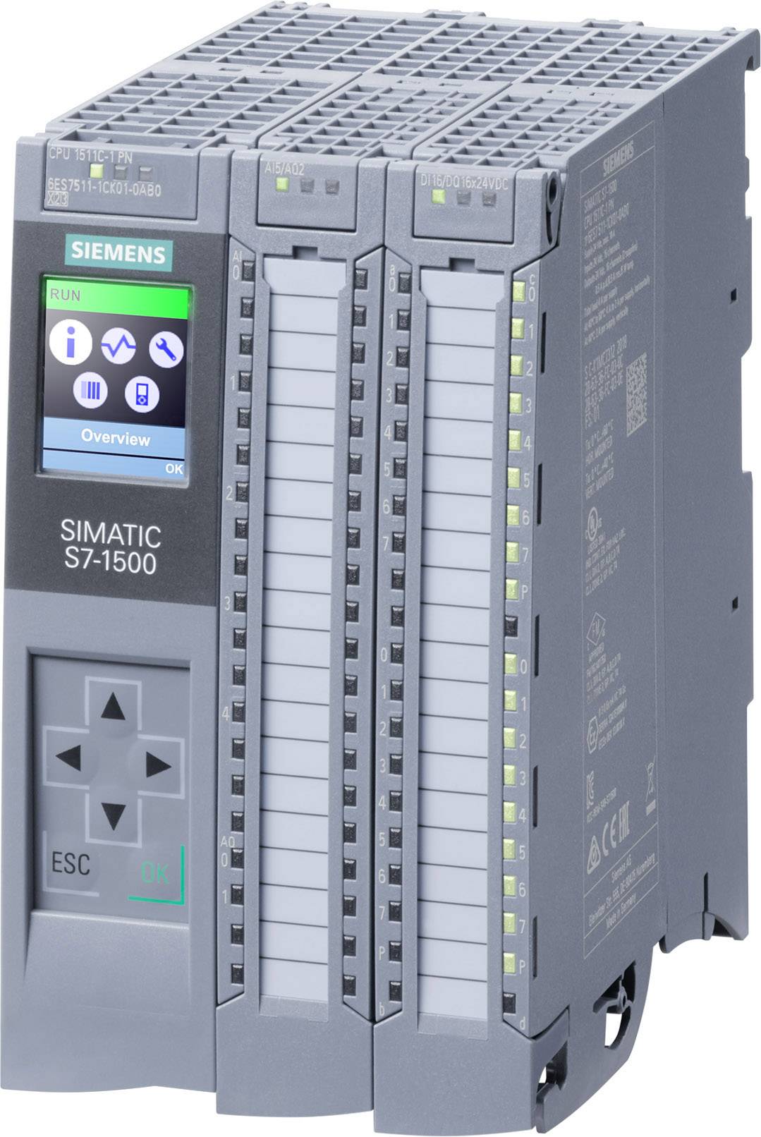 Siemens SIMATIC S7-1500 programmable logic controller with display and operating buttons for industrial automation systems.