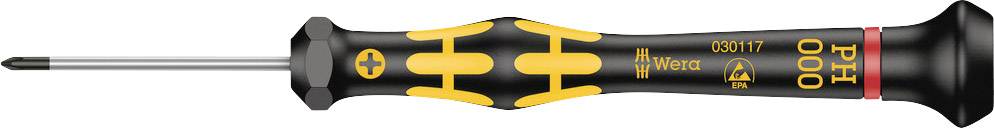 Cacciavite nero e giallo con la scritta 'PH 000' e 'Wera'. Adatto per lavori di precisione, come nell'elettronica.