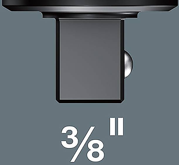 Un'estensione per chiave a cricchetto a forma quadrata con marcatura di dimensione '3/8' sotto di essa, che indica la compatibilità con cricchetti da 3/8 di pollice.