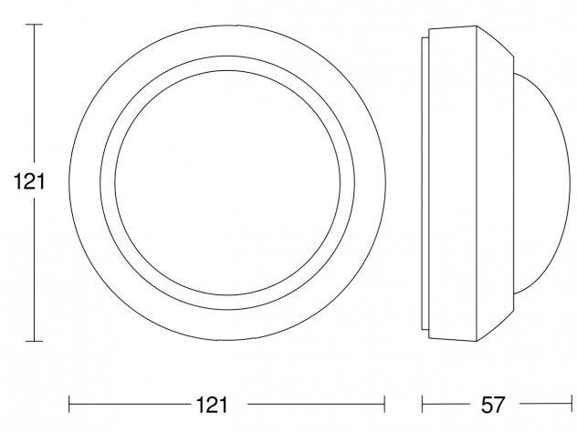 Disegno tecnico di un oggetto rotondo con le seguenti dimensioni: diametro 121 mm, profondità 57 mm. La vista laterale mostra il profilo.