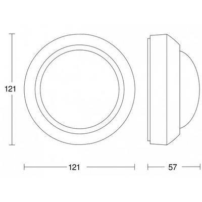 Disegno tecnico di un oggetto rotondo con le seguenti dimensioni: diametro 121 mm, profondità 57 mm. La vista laterale mostra il profilo.