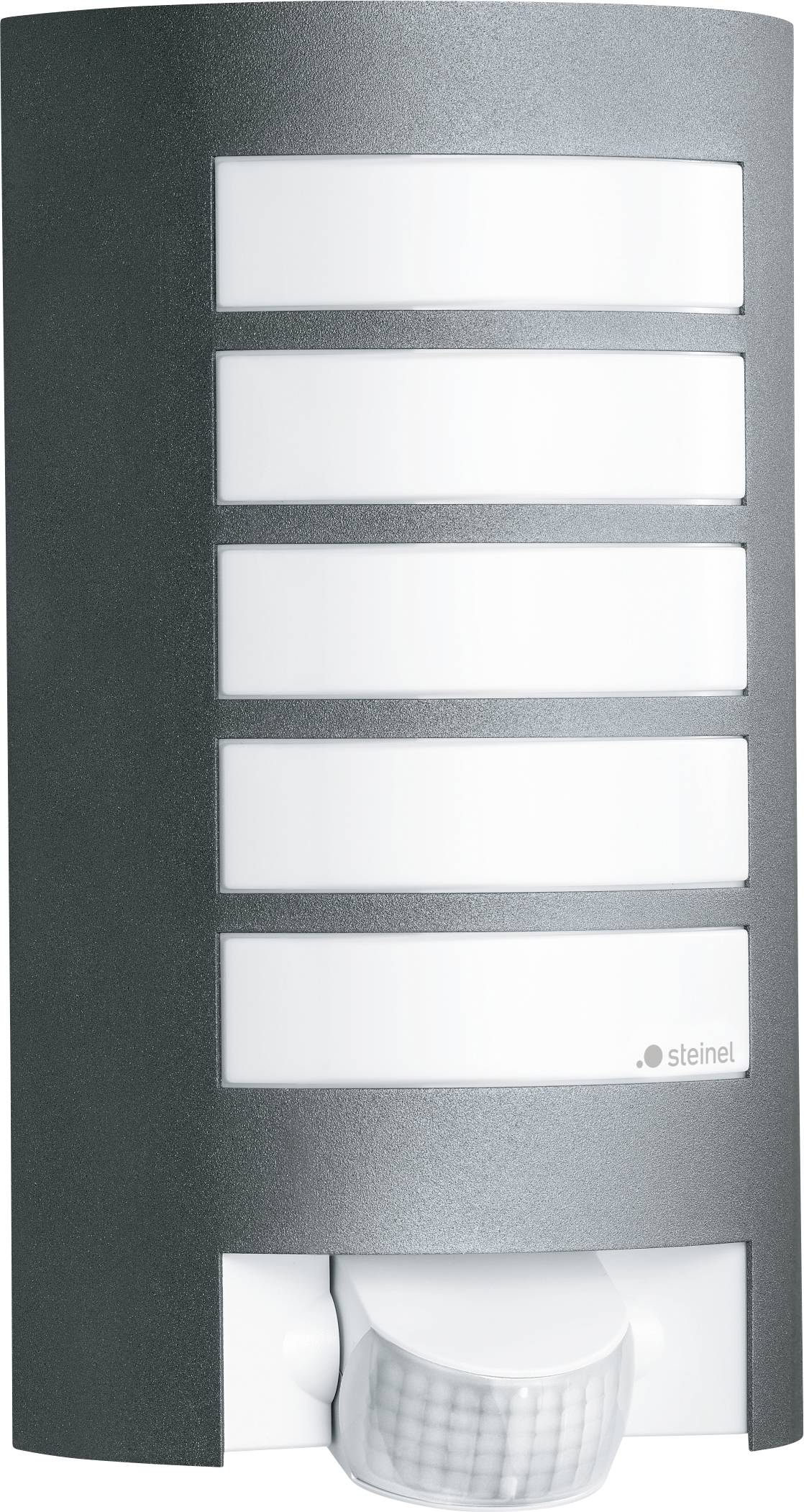 Moderna plafoniera esterna a parete con cinque pannelli luminosi rettangolari e un sensore di movimento nella parte inferiore, etichettata 'steinel'.