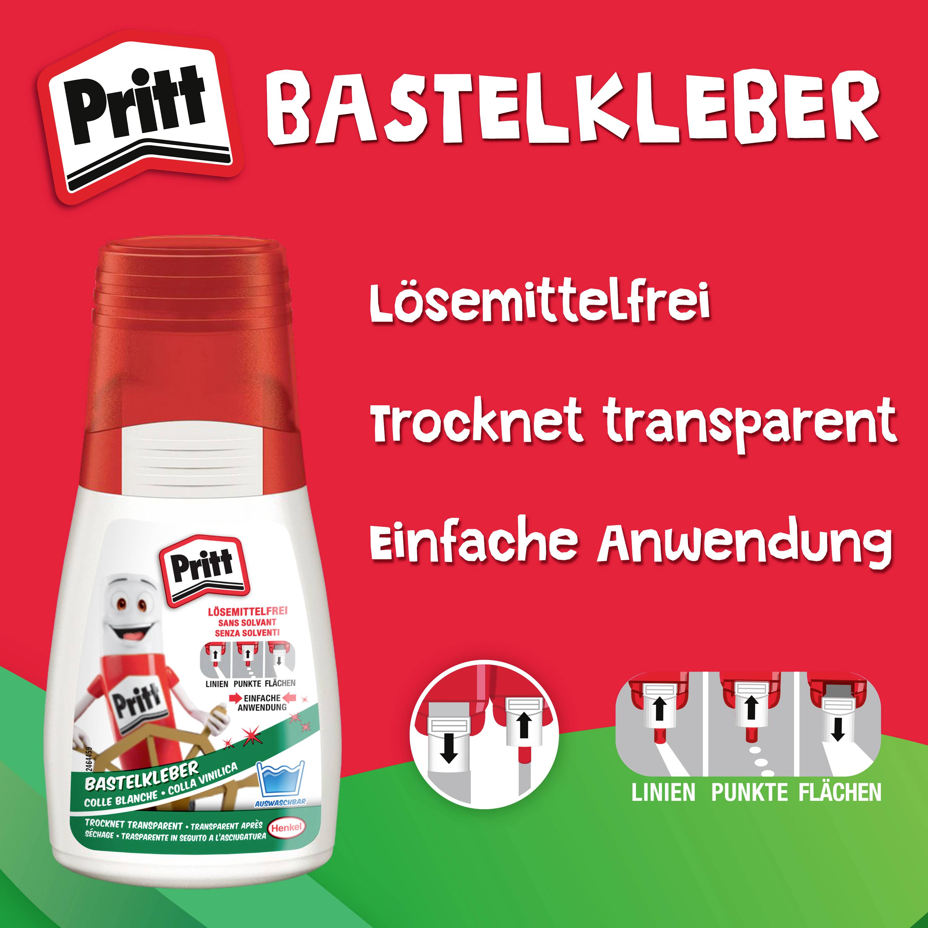 Bottiglia di 'Pritt Bastelkleber' su sfondo verde. Testo: 'Privo di solventi, Asciuga in modo trasparente, Applicazione semplice'. Simboli per 'Linee' e 'Punti e superfici'.