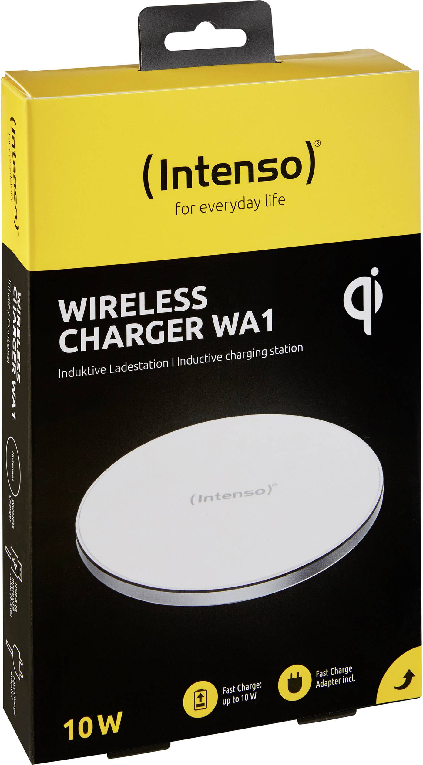 Vista dall'alto di un imballaggio per un caricabatterie wireless del marchio Intenso, modello WA1, con potenza da 10W.