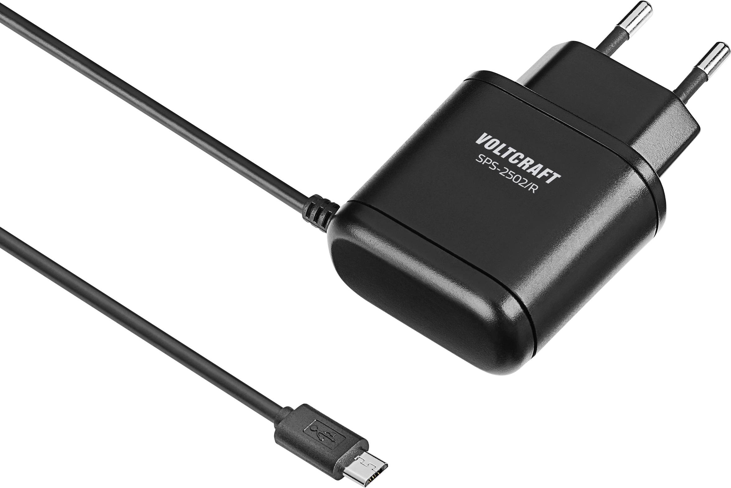 Un adattatore di alimentazione Voltcraft SPS-3520R nero con un cavo micro USB.