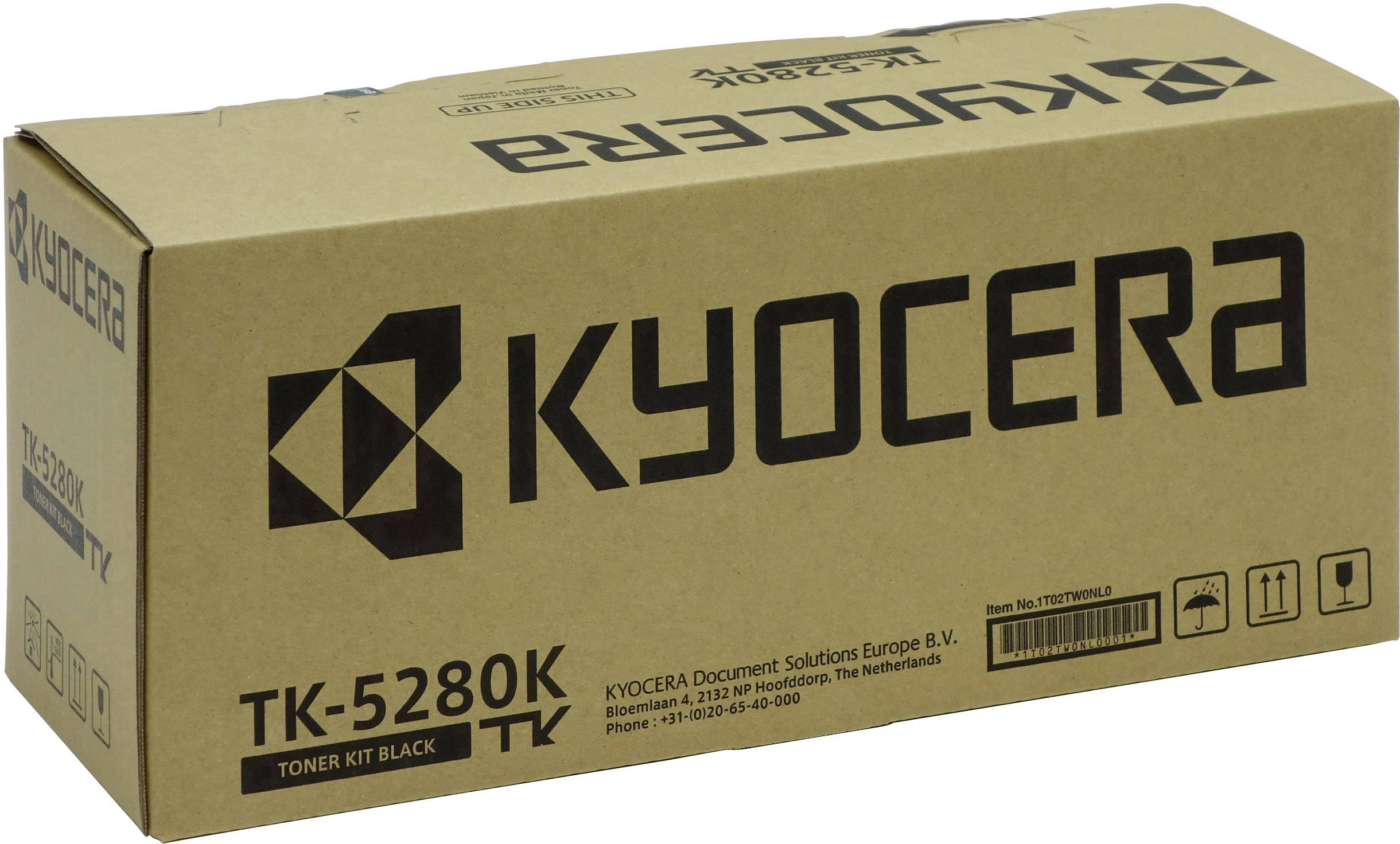 Scatola di cartone marrone con la scritta 'Kyocera TK-5280K Toner Kit Black'. Confezione per toner della stampante.