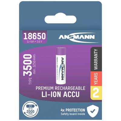 Confezione batteria Li-Ion, marca 'ANSBACH', tipo 18650, 3,6 V, 3500 mAh. Sulla confezione è riportato '2 anni di garanzia' e 'fino a 2000 cicli di carica'.
