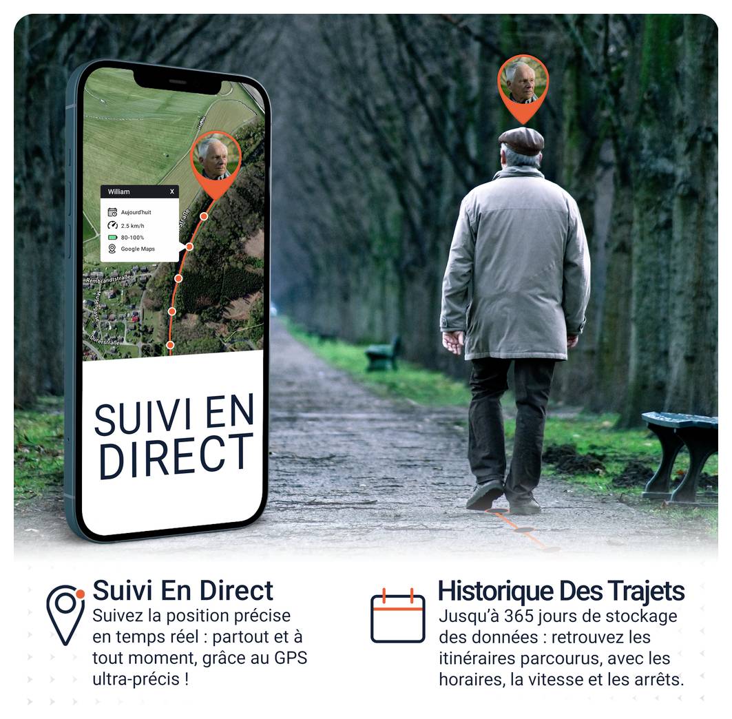 Pubblicità per 'LIVE Tracking' e 'Cronologia Percorsi': lo smartphone mostra la posizione GPS di una persona, accanto un uomo passeggia nel parco; in basso il testo sulla localizzazione in tempo reale e la cronologia di 365 giorni.