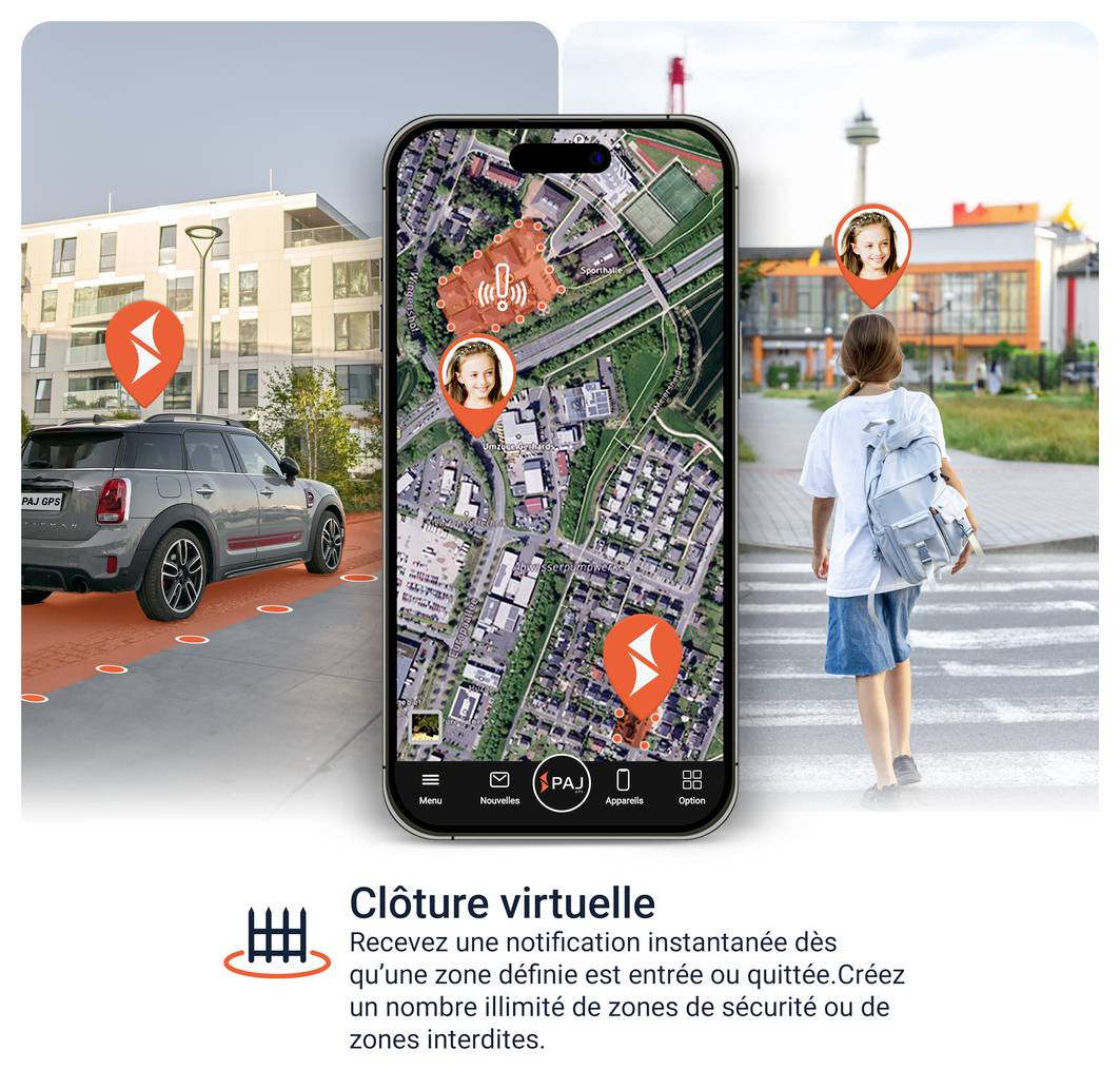 L'app mostra una mappa con zone sicure contrassegnate e avviso di allarme; accanto ci sono un'auto e un bambino con marcatori di posizione, sotto cui è scritto "Area sicura".