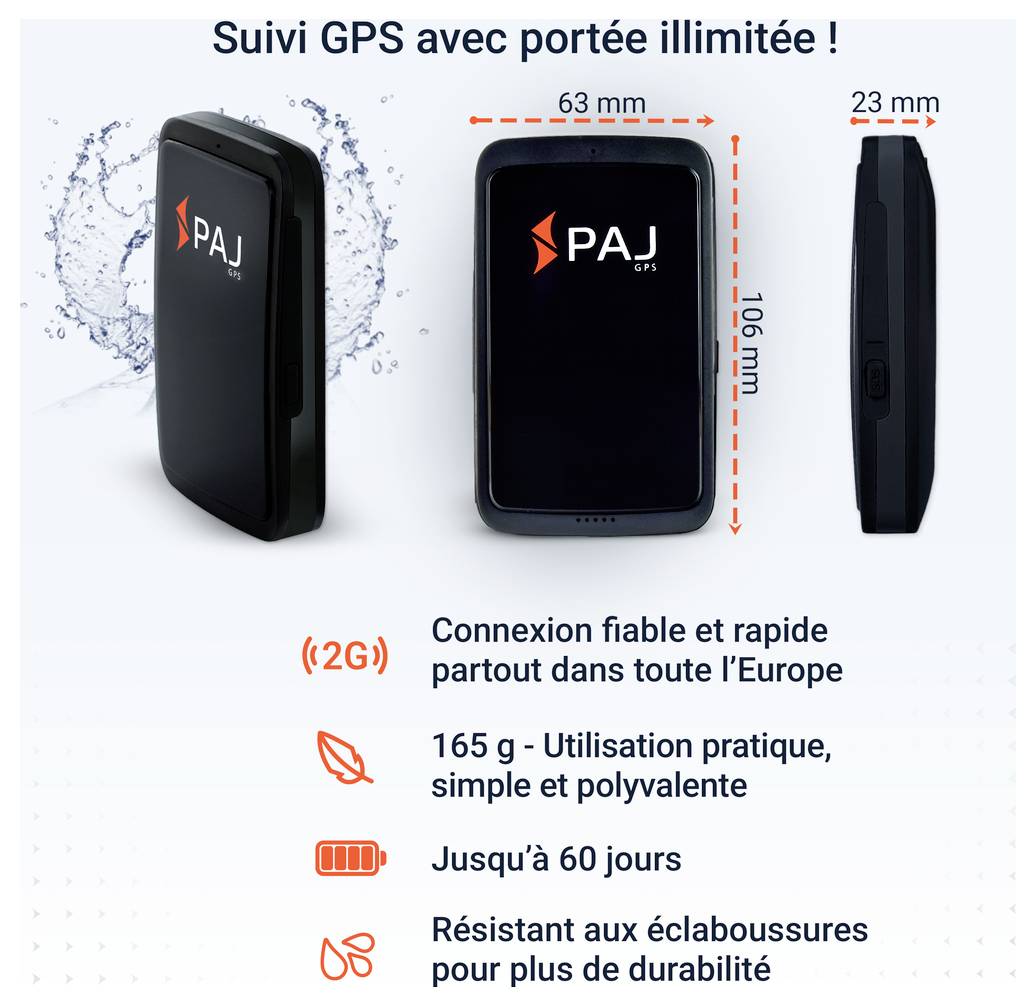 Grafica pubblicitaria di un localizzatore GPS PAJ con tre viste e dimensioni specificate di 63 mm, 106 mm e 23 mm; pubblicizza portata illimitata, 2G, 165 g, fino a 60 giorni e protezione dagli spruzzi d'acqua.