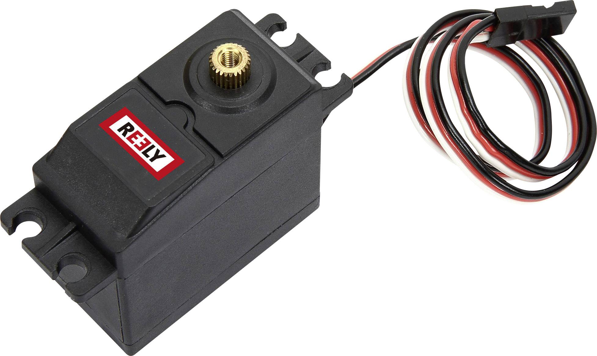 Un servomotore nero con ingranaggi e cavo di connessione, contrassegnato con il logo 'Reely', su sfondo bianco.