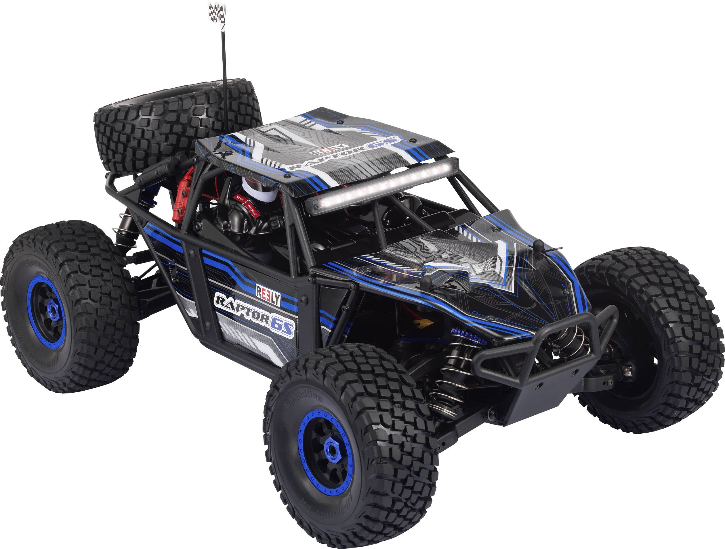 Auto RC in stile fuoristrada con pneumatici grandi e verniciatura blu e nera. Robusto e sportivo, con design dettagliato.