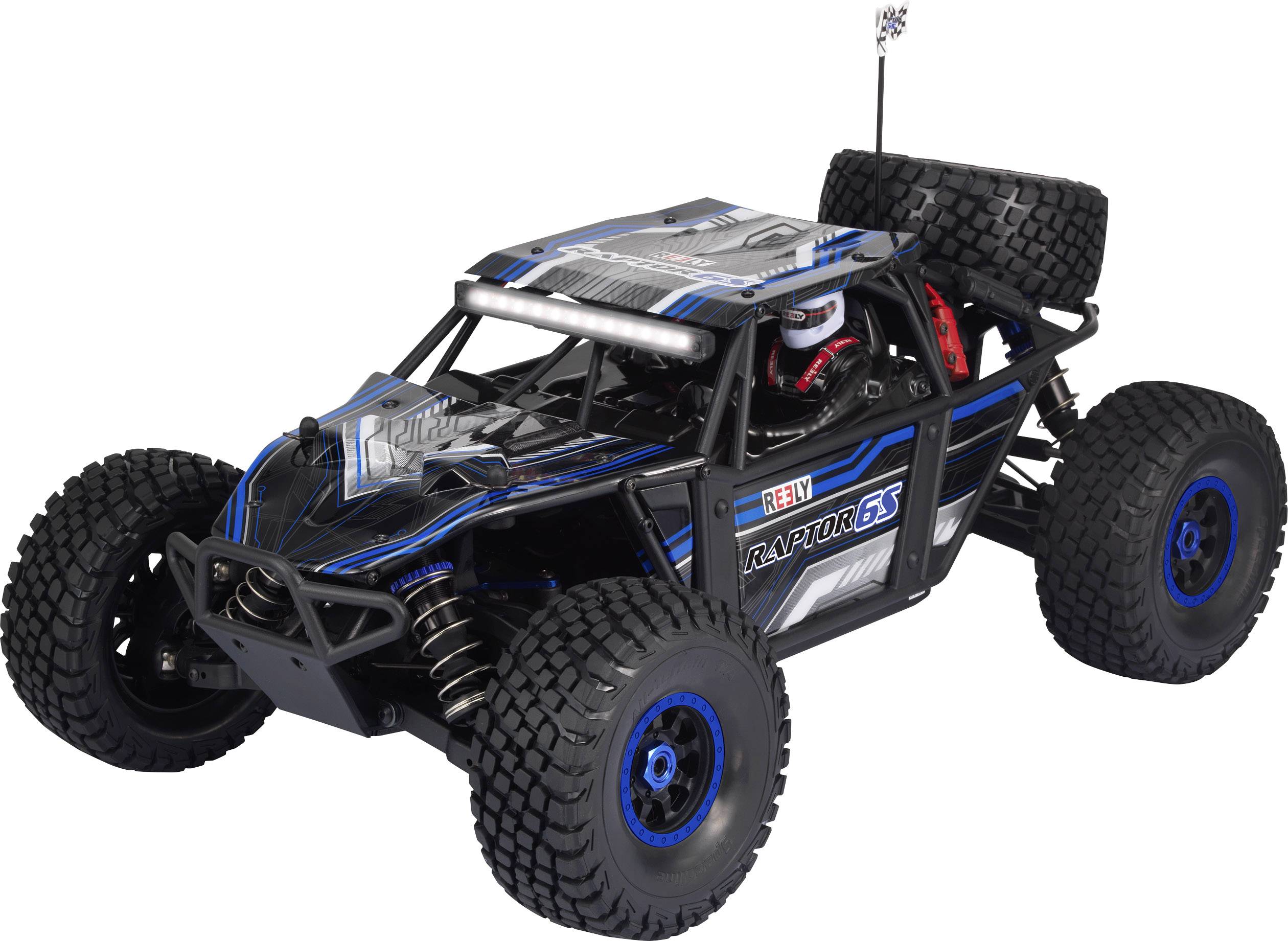 Un'auto radiocomandata in stile fuoristrada con verniciatura blu e nera, pneumatici larghi e un telaio del pilota visibile.