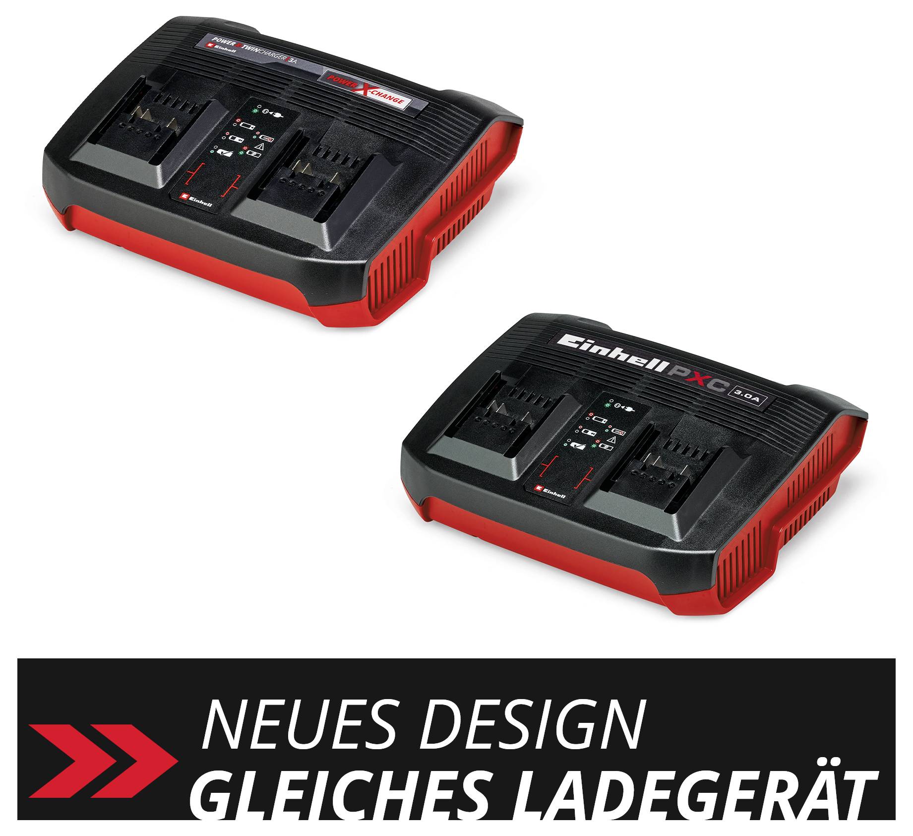 Caricabatteria 'Einhell PXC Plus' nel nuovo design. Due caricabatterie sono mostrati uno accanto all'altro. Testo in basso: 'Nuovo design, stesso caricabatteria'.