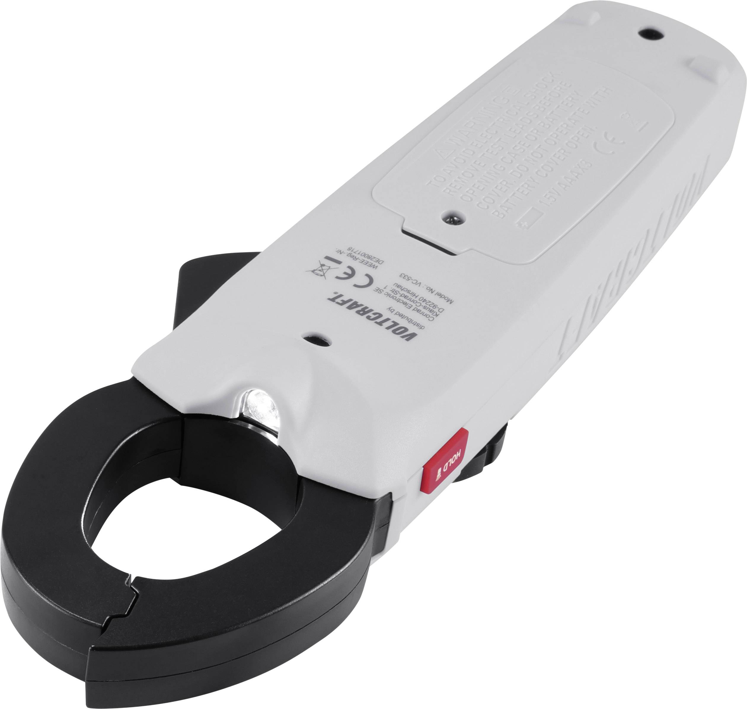 Un dispositivo elettrico di misurazione con pinza amperometrica, utilizzato per misurare l'intensità di corrente nei cavi, su uno sfondo bianco.