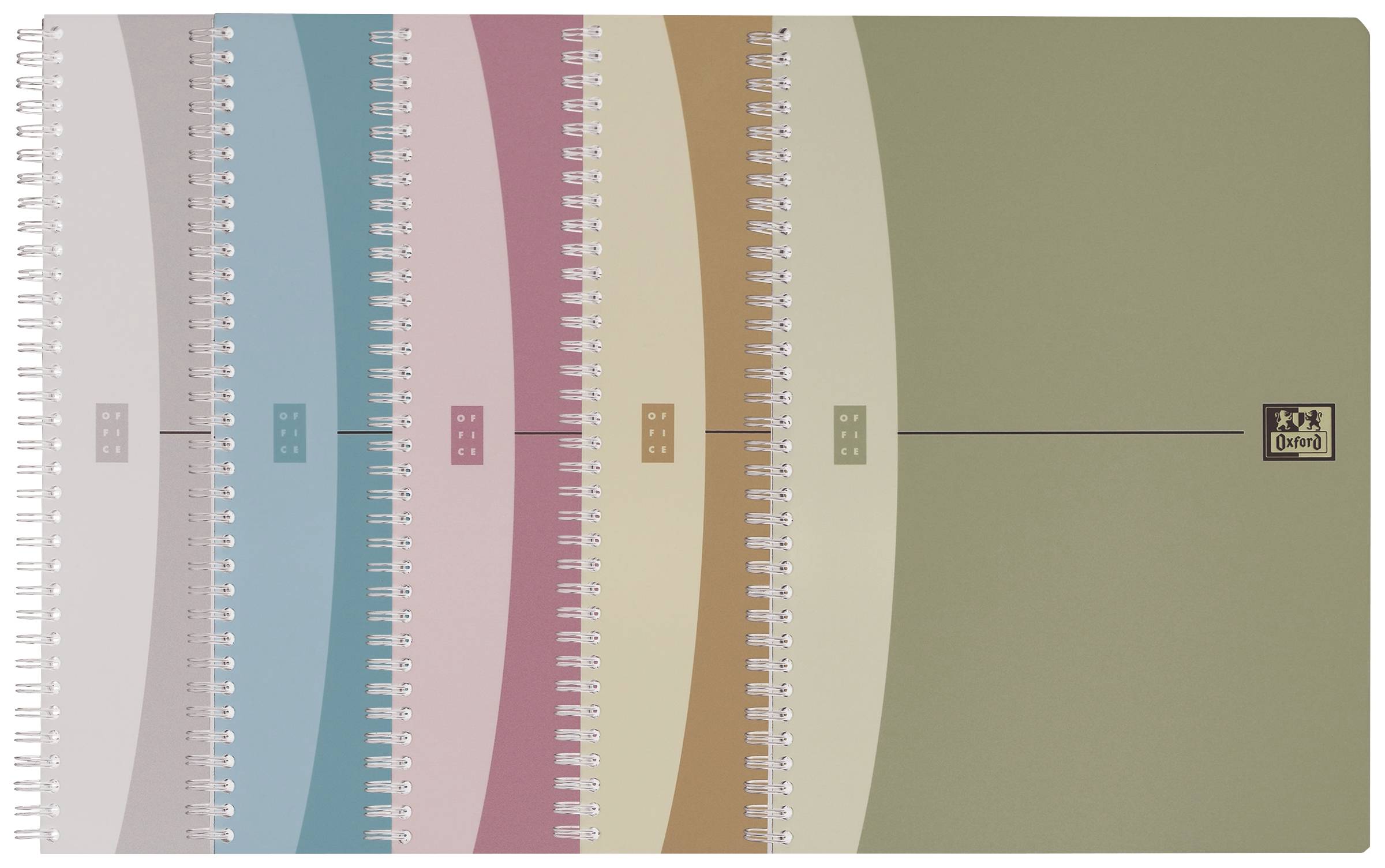 Un quaderno ad anelli con un motivo arcobaleno in tonalità pastello.