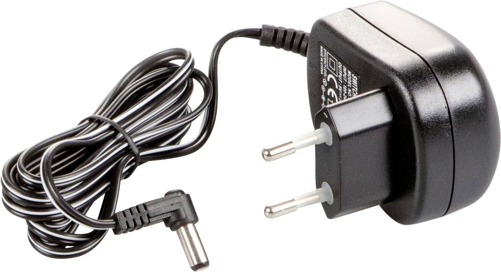 Alimentatore nero con spina europea e cavo lungo, adatto per dispositivi elettronici.