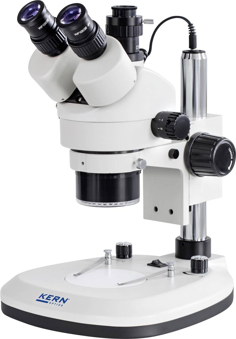 Un microscopio bianco è posizionato su un tavolo. Ha due oculari e diversi comandi di regolazione. Il logo del marchio 'KERN' è visibile.