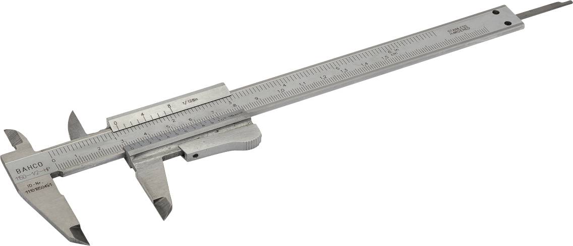 Calibro metallico con scala, posizionato su uno sfondo neutro. Utilizzato per misurazioni precise di oggetti.