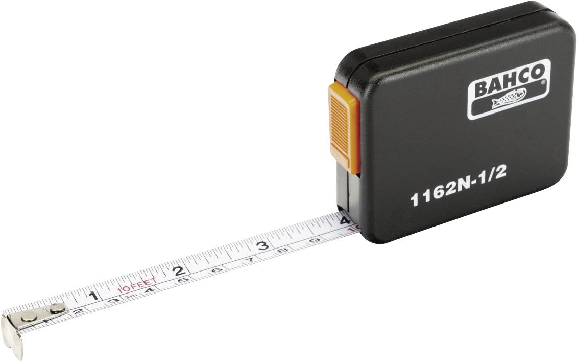 Nastro metrico nero con scala estratta e bottone arancione. Stampa: 'BAHCO 1162N-1/2'.