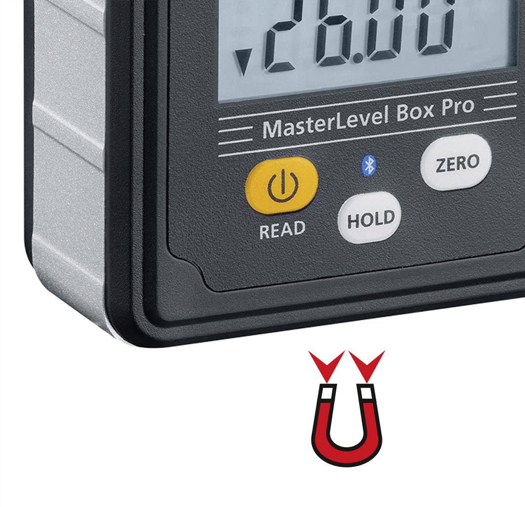 Misuratore di inclinazione digitale con display che mostra '-26,06°', tasti per 'Read', 'Hold', 'Zero' e simbolo Bluetooth. Simbolo del magnete sotto.