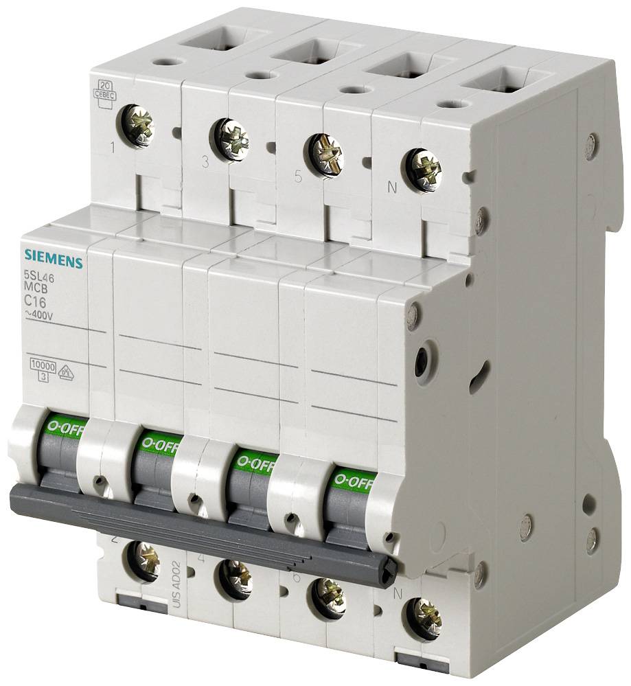 Un interruttore magnetotermico Siemens tripolare con leve basculanti, che serve a proteggere i circuiti elettrici dal sovraccarico.