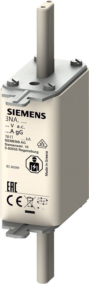 Fusibile NH SIEMENS, tipo 3NA, stampe tecniche e di certificazione visibili, per uso industriale, dati specifici del modello.
