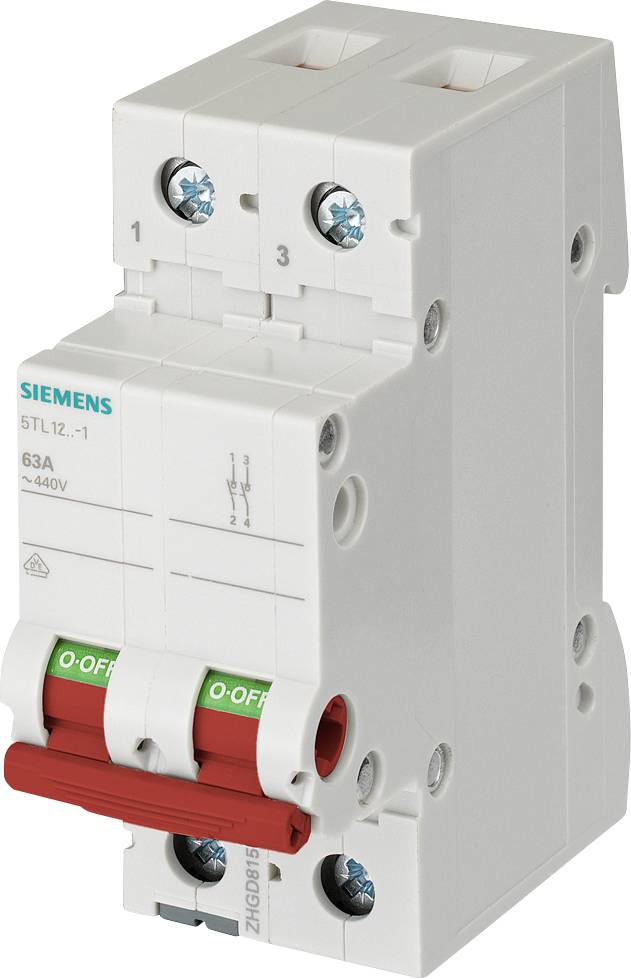 Interruttore automatico Siemens con selettore rosso e verde, 63A, 440V. Dettagli del prodotto illustrati sul lato sinistro.