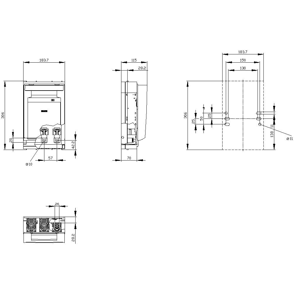 Disegno tecnico di un dispositivo elettrico con vista frontale, laterale e dall'alto, che mostra le dimensioni in millimetri.
