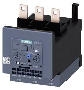 Un contattore Siemens SIRIUS tripolare con tre morsetti superiori e un pulsante di reset blu sul lato frontale.