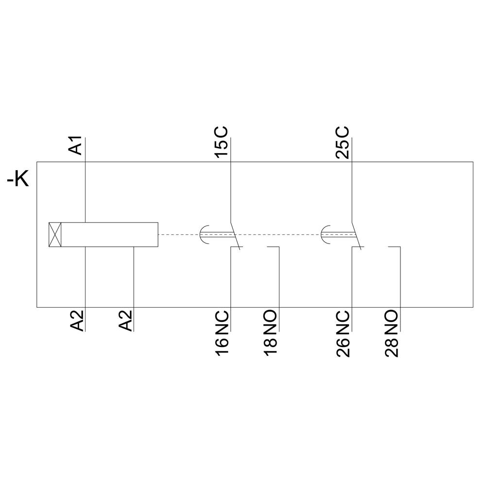 Schema di un relè con bobina e diversi morsetti: A1, A2, 15C, 16NO, 18NC, 25C, 26NC, 28NO.