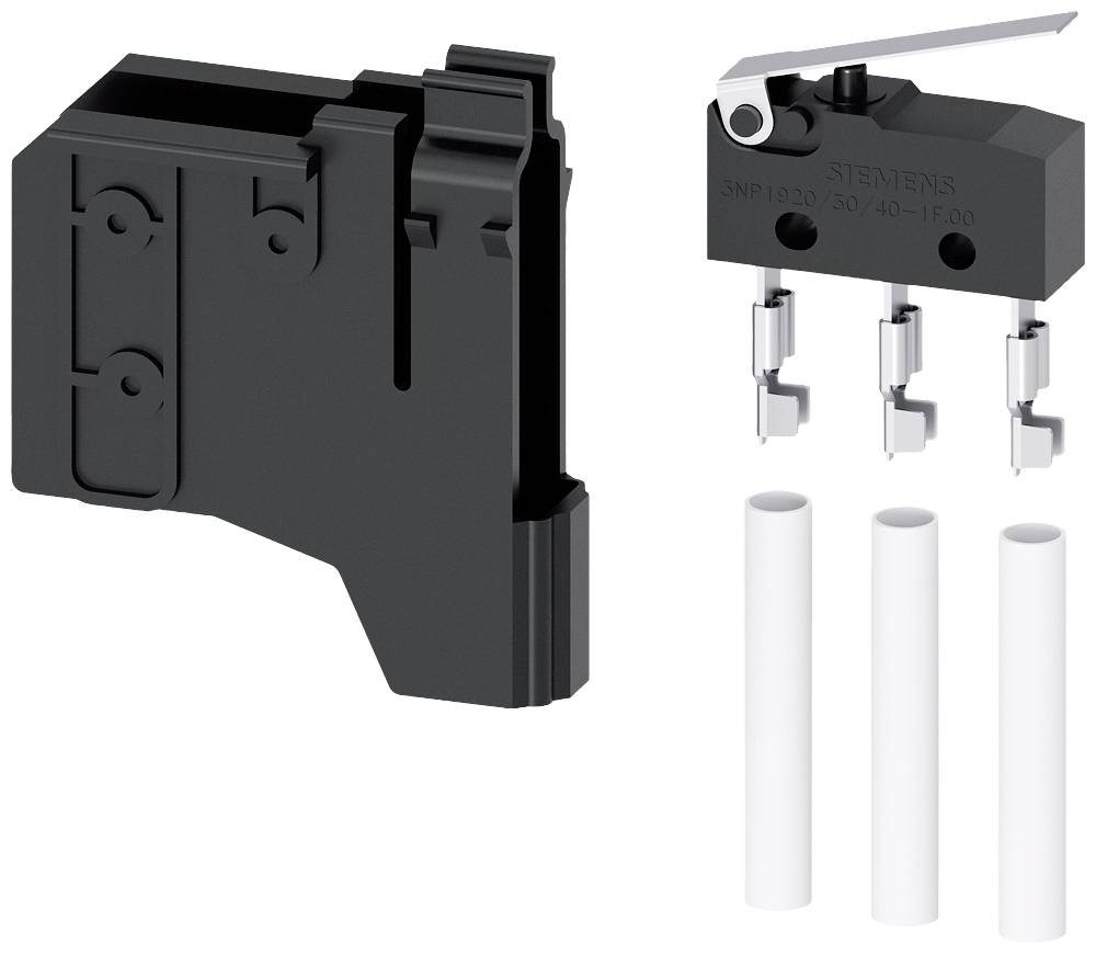 Un interruttore nero con leva, tre connettori e tre tubi di plastica bianchi accanto. Idoneo per il controllo elettrico.