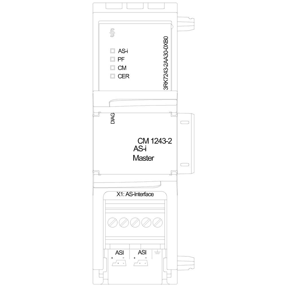 'CM 1243-2 Modulo Master AS-i con connessioni AS-i, PF, CM e CER e X1: AS-Interface. Mostra etichette e dettagli dei connettori.'