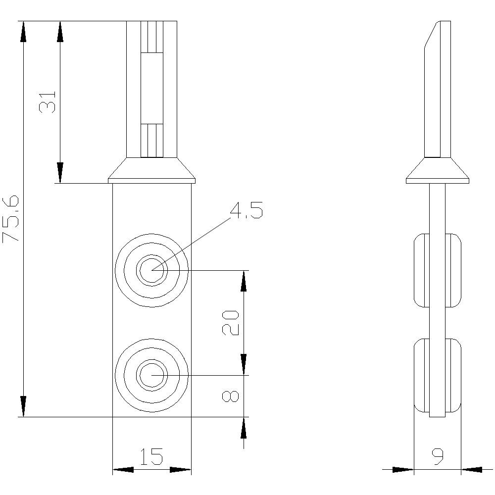 Disegno tecnico di un accessorio metallico con quote in millimetri: altezza totale 75,6, larghezza 15, diametro foro 4,5.