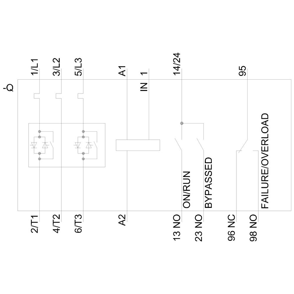 Schema di collegamento di un motore trifase con protezione da sovraccarico. Mostra i morsetti L1-L3, T1-T3, gli ingressi e i relè per guasti o sovraccarichi.