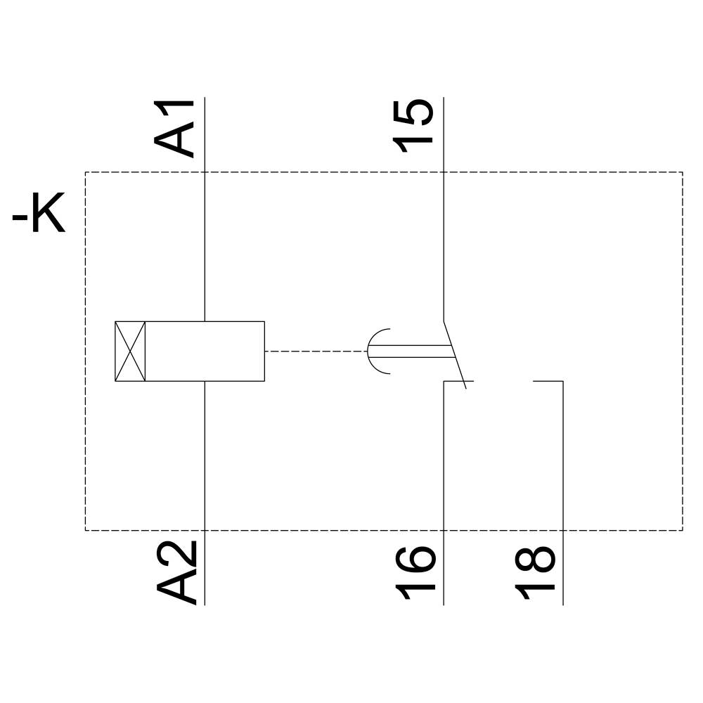 Disegno tecnico schematico di un componente rettangolare con marcature '-K', 'A1', 'A2', '15', '16' e '18'.