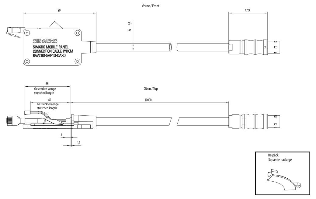 Disegno tecnico di un Cavo Connettore SIMATIC Mobile Panel. Mostra le dimensioni: vista frontale con lunghezza 63,9, vista dall'alto con lunghezza 160.