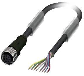 Un cavo multicore schermato con fili colorati esposti su un lato e un connettore metallico rotondo sull'altro lato.