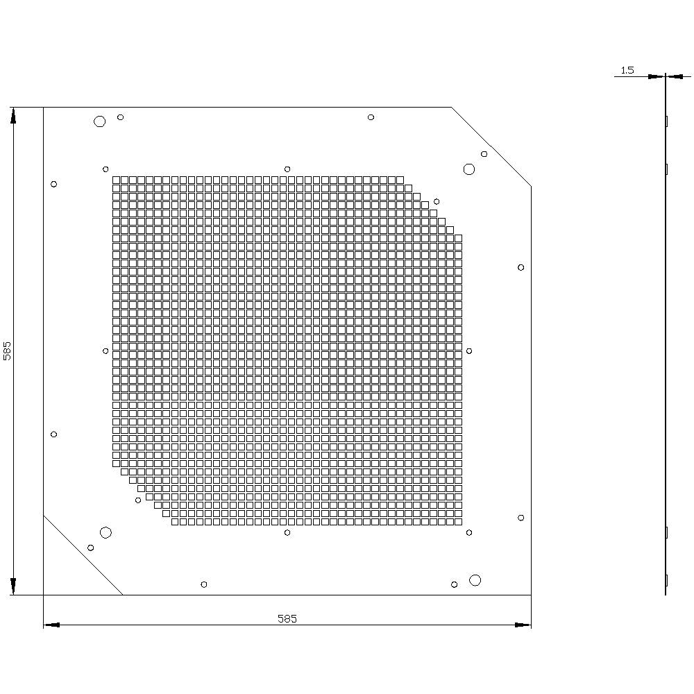 Disegno tecnico di una lamiera metallica con schema di fori quadrati, dimensioni 585 x 585 mm e spessore 15 mm.