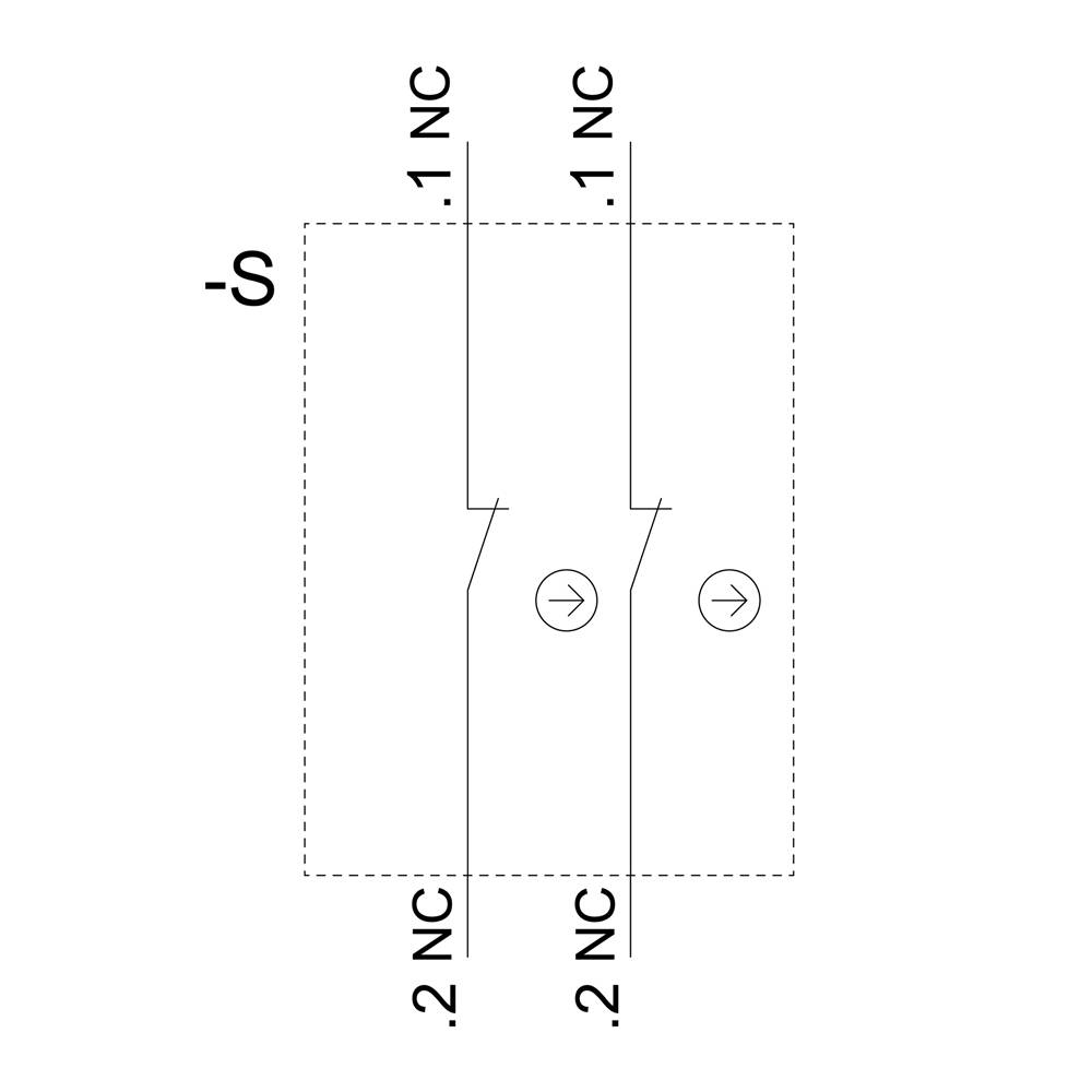 Schema di un relè con due contatti, contrassegnati come '1 NC' e '2 NC'. Il relè è etichettato con '-S'.