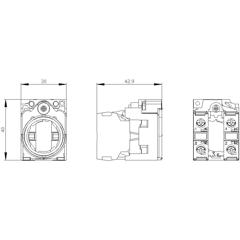 Disegno tecnico di un componente rettangolare con dimensioni: larghezza 30 mm, altezza 40 mm, profondità 42,9 mm, con punti di connessione numerati.