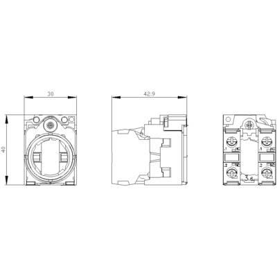 Disegno tecnico di un componente rettangolare con dimensioni: larghezza 30 mm, altezza 40 mm, profondità 42,9 mm, con punti di connessione numerati.