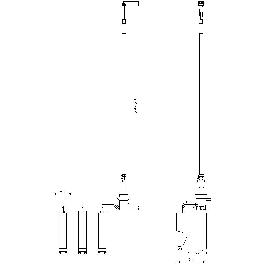 Disegno tecnico di un oggetto cilindrico con misure dettagliate, inclusi altezza 222,33 e larghezza 33. Connessioni e parti sono contrassegnate.