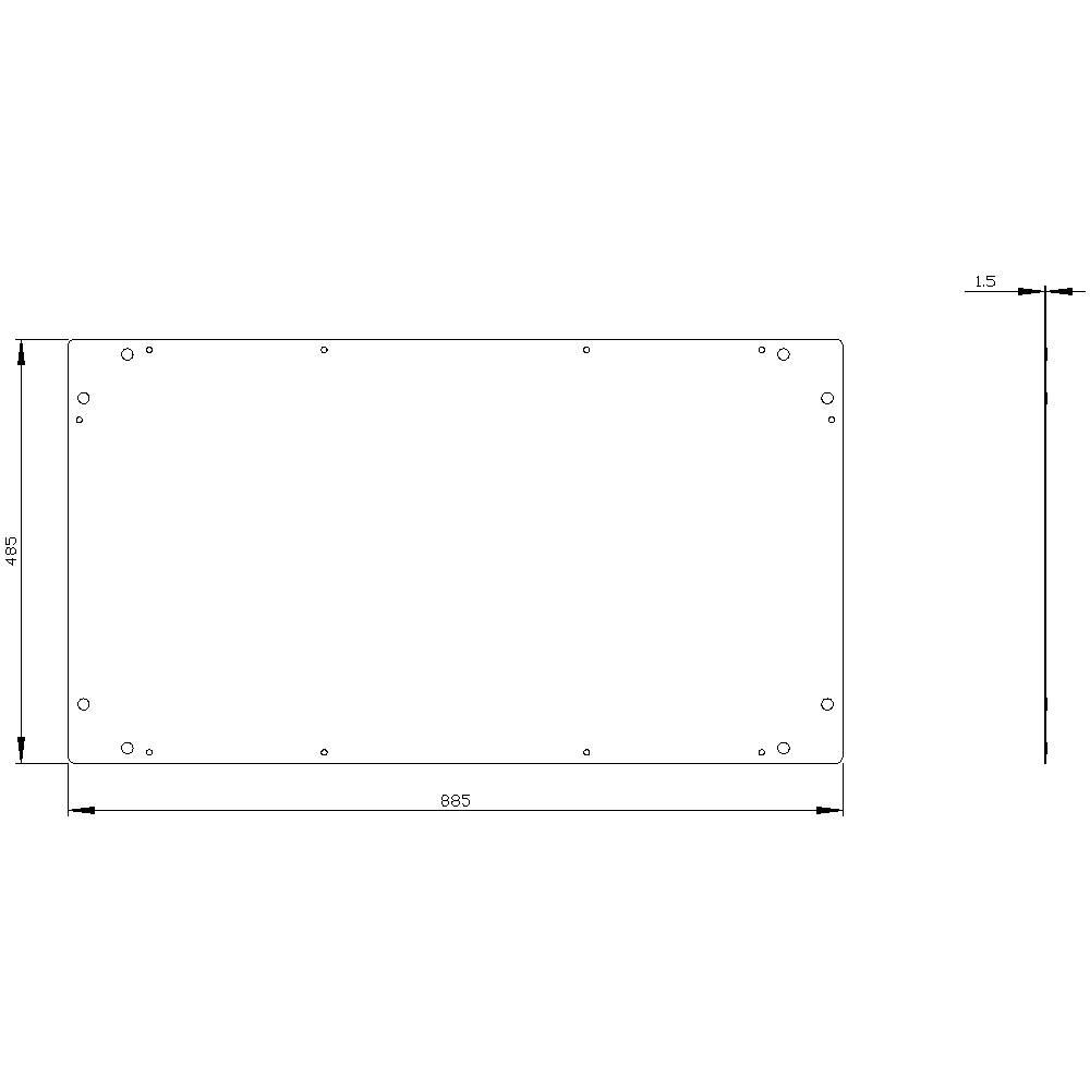 Disegno tecnico di un componente rettangolare con dimensioni di 885 mm di larghezza, 485 mm di altezza e uno spessore di 15 mm.