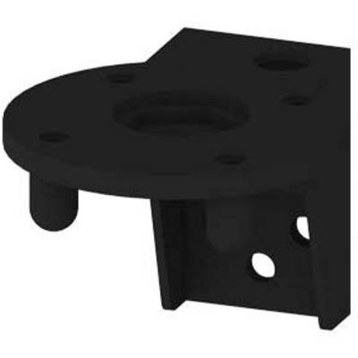 Un pezzo di plastica nero a forma di angolo con diversi fori, presumibilmente parte di un supporto o di un sistema di fissaggio.