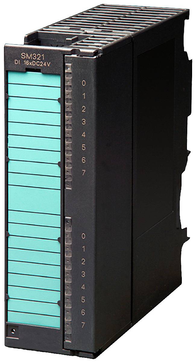 Un modulo elettrico nero con blocchi componenti color turchese. È un modulo di ingresso digitale denominato 'SM 321'.