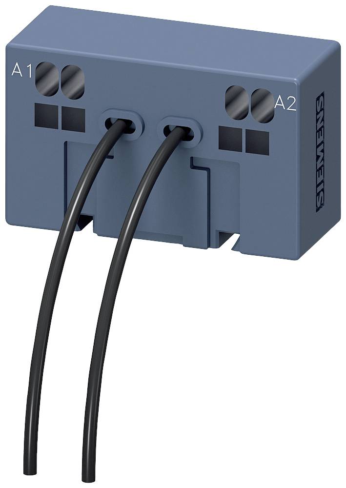 Un componente elettrico blu di Siemens con due cavi neri, contrassegnato con 'A1' e 'A2'.